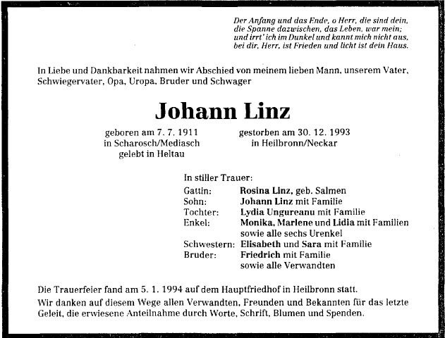 Linz Johann 1911-1993 Todesanzeige